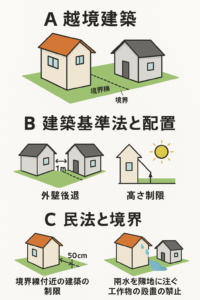 越境建築　建築基準法と配置　民法と境界